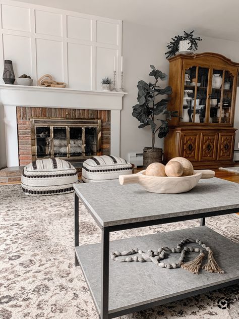 Pottery Barn Console Table, Poufs In Living Room, Grey Homes, Cabinet Fireplace, Stove Hearth, Wood Stove Hearth, Meet New Friends, Living Room Fireplace, Diy Apartment Decor