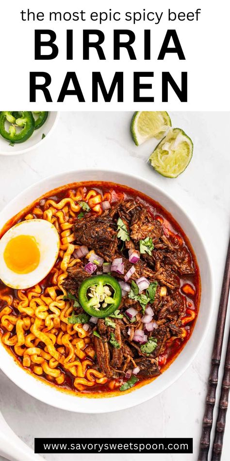 Take your ramen to the next level with this bold Birria Ramen fusion! Rch, slow-cooked flavors of birria, perfectly paired with the satisfying slurp of ramen noodles. This irresistible mashup of Mexican and Japanese flavors promises a comforting, flavorful experience like no other! Beef And Ramen Noodles, Beef And Ramen, Meals With Beef, Japanese Flavors, Birria Ramen, Ramen Seasoning, Ramen Toppings, Healthy Entrees, Ramen Noodle Recipes