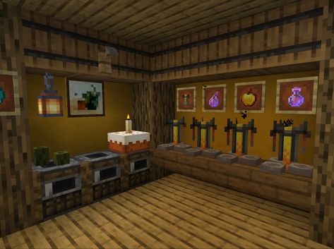 Minecraft idea for kitchen and potion brewery corner #minecraft Brewing Station Minecraft Design, Minecraft Brewery Ideas, Minecraft Corner Kitchen, Minecraft Brewery Room, Brewing Area Minecraft, Potion Room Minecraft Ideas, Brewery Minecraft, Brewing Station Minecraft, Minecraft Workshop Ideas