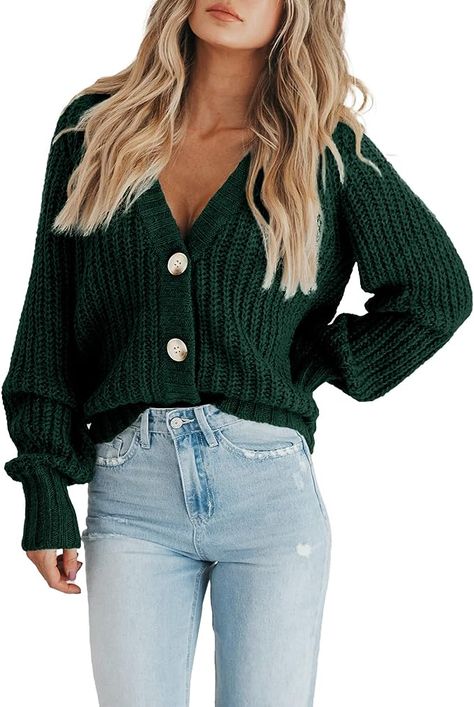 PRETTYGARDEN Women's Short Cardigan Sweaters V Neck Button-Down Long Sleeve Oversized Chunky Knit Cardigans (Dark Green,Medium) at Amazon Women’s Clothing store Short Cardigan Sweater, Fall Trends Outfits, Relaxed Outfit, Cardigan Sweaters, Short Cardigan, Open Front Sweater, Trendy Fall Outfits, Fall Outfits For Work, Striped Shirt Dress