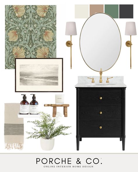 Powder Room Refresh — Porche & Co. Powder Room Mood Board Inspiration, Powder Bath Mood Board, Half Bath Mood Board, Trailmanor Remodel, Modern Romantic Decor, Half Bath Inspiration, Half Bath Remodel Ideas, Cottage Powder Room, Wallpaper For Powder Room