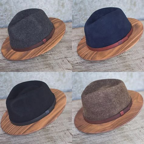 NEW Product: Wood-Brimmed Fedoras - Two Guys Bow Ties Head Warmers, Wood Bowtie, Wood Fashion, Wooden Glasses, Hat Diy, Two Guys, Wooden Bow Tie, Wooden Bow, Wooden Accessories