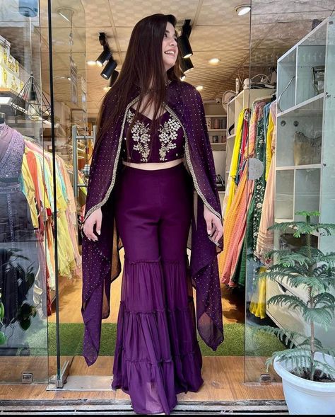 Beautiful Designer Indian Georgette Embroidered Crop Top with Palazzo Pant and Dupatta Purple Sharara, Crop Top With Palazzo, Top With Palazzo, Georgette Sharara, Embroidered Crop Tops, Engagement Parties, Matching Jewelry, Designer Dress, Indian Design