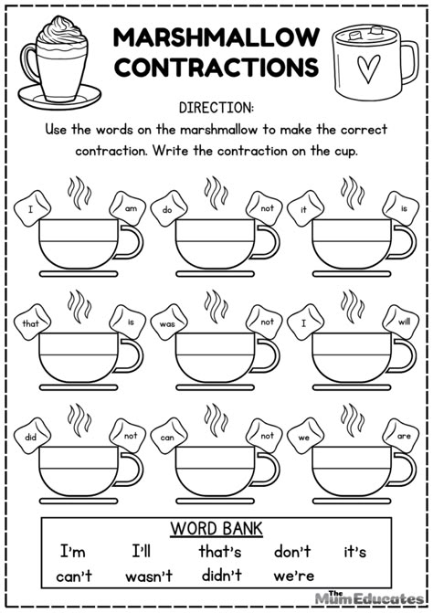 Contractions in Grammar Worksheets - FREE - The Mum Educates Contraction Worksheet For Grade 1, 2nd Grade Worksheets Free, Contractions First Grade, Free Time Activities Worksheets, 2nd Grade English Worksheets, Past Verbs, Contractions Worksheet, Second Grade Grammar, Easter Writing Prompts