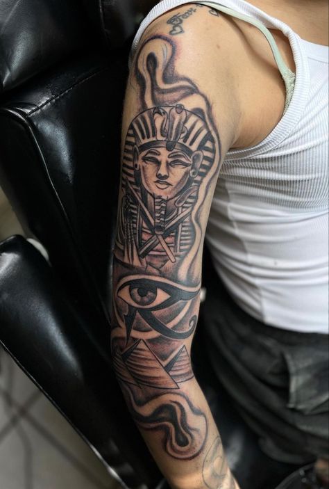 Egyptian Queen Nefertiti Tattoo, Spiritual Men Tattoos, Black Egyptian Tattoo, Egyptian Shoulder Tattoo, Egyptian Arm Tattoo, Pharoah Tattoo For Men, African Sleeve Tattoo Men, Trap Tattoos Men Shoulder, Ankh Tattoo Men