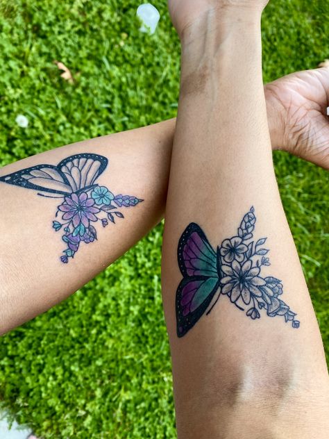 Tattoos For Women Best Friends, Best Friend Tattoos Color, Best Friend Tattoos Butterflies, Matching Butterfly Tattoos Mom, Bff Tattoos Unique For Two Matching, Colorful Matching Tattoos, Best Friend Tattoos Butterfly, Best Friend Butterfly Tattoos, Matching Tattoos Sisters Meaningful