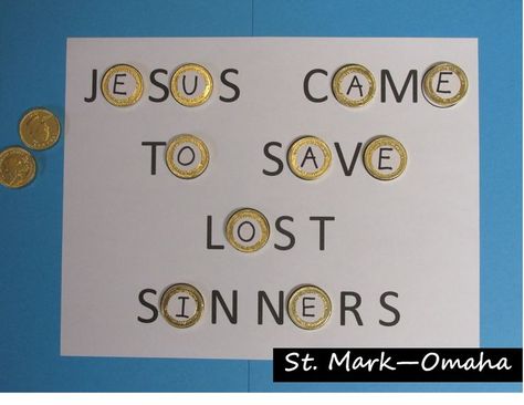 Sunday school game - For the parable of the lost coin we hid chocolate coins with letters on them around the classroom. After the kids found all the coins they used the letters to complete the message on a game sheet. Parable Of The Lost Coin, Sunday School Games, Coin Games, Sunday School Kids, Chocolate Coins, School Games, Sunday School Lessons, School Lessons, Children's Ministry
