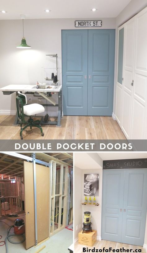 Garage Pocket Door, Diy Double Pocket Door, Diy Pocket Door How To Build, Pocket Closet Doors, Basement Diy Ideas, Pocket Doors Ideas, Pocket Doors Diy, Installing Baseboards, Pocket Door Ideas