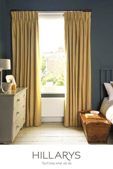 For your Bedroom try matching golden mustard tones with navy blue. These Eclipse Mimosa curtains add an edge of decadence and brightness to this bedroom for a luxe feel Yellow Curtains Bedroom, Yellow Gold Curtains, Curtains Bedroom Ideas, Ochre Bedroom, Mustard Curtains, Mustard Bedroom, Mustard Yellow Curtains, Lounge Curtains, Korean Apartment