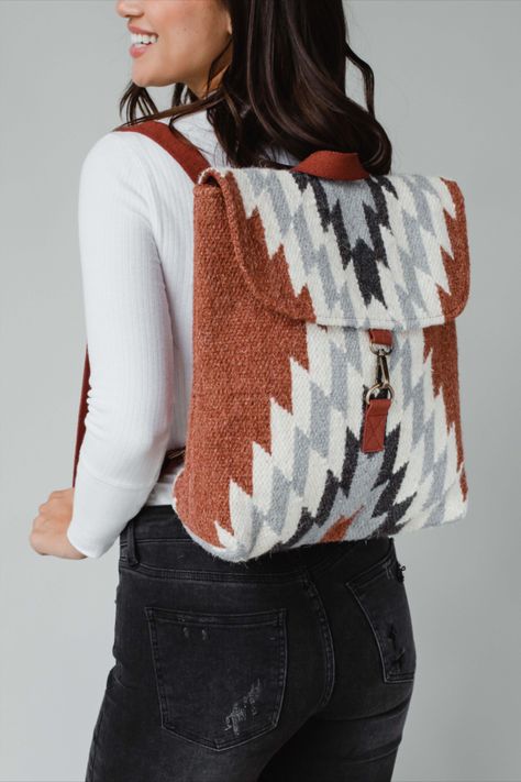 We have your new favorite backpack for the season ahead! This rust, cream and gray Aztec inspired backpack is must have accessory for fall and winter. Western Backpack, Fall Backpack, Knitted Hats Kids, Knit Hat For Men, Knit Jewelry, Everyday Backpack, Unique Color Combinations, Blouse Tank Top, Backpack Travel