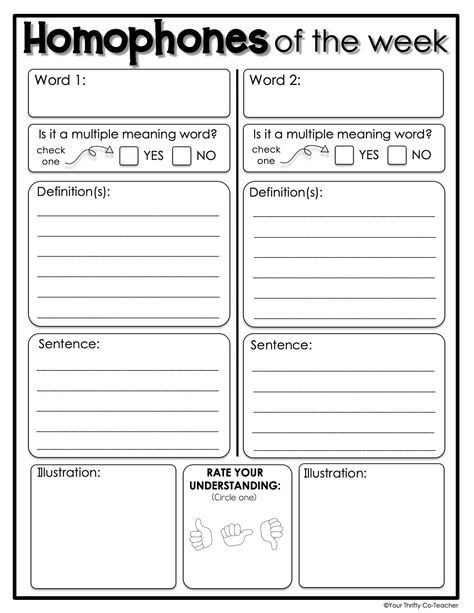 Implementing homophones activities will allow students to master the spelling and meaning of words ultimately increasing their reading comprehension and improving their writing. This Homophones of the Week resource takes just a few minutes each day and can be incorporated as morning work, center work, or as home learning. Homophones Activities, Teaching Context Clues, Homophones Activity, Reading Skills Activities, Elementary Reading Activities, Meaning Of Words, Reading Response Activities, Vocabulary Instruction, Multiple Meaning Words