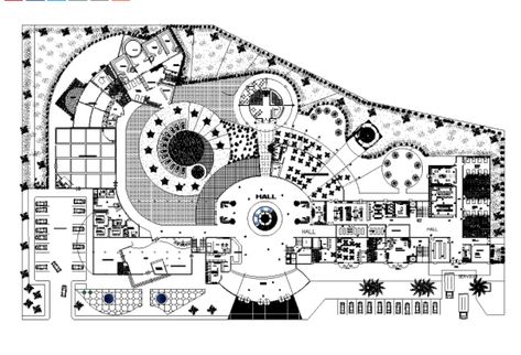 The 5 star hotel architecture ground floor plan CAD drawing that shows reception area, dining hall, exhibition hall, lobby bar, slop ramp, shop, back office, security room, business lounge, wide garden with landscaping design and car parking lot detail dwg file. Thanks for downloading the file and another CAD program from the cadbull.com website. #5star #hotelplan 3caddrawing #cadbullfreehouseplan #DWGfile #caddrawing Hotel Lobby Floor Plan Layout, Site Development Plan Architecture, Hotel Lobby Floor Plan, Lobby Floor Plan, Hotel Project Architecture, Lobby Plan, Waiting Lounge, Parking Plan, Hotel Room Plan