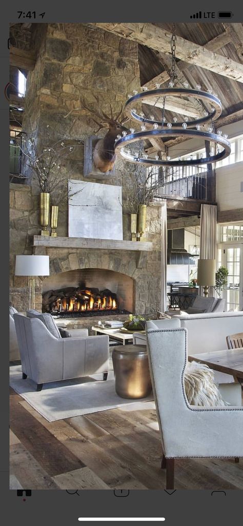 Large Cabin Fireplace, Grand Stone Fireplace, Lodge Style Interior, Winter Lodge Interior, Extra Large Fireplace, Giant Fireplace, Ski Lodge Fireplace, Massive Fireplace, Large Stone Fireplace