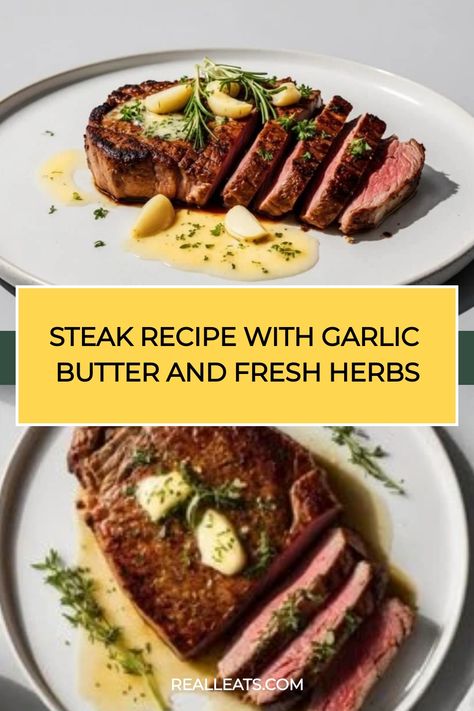 Steak topped with garlic butter and fresh herbs, sliced and served on a plate. Juicy Steak Recipe, Cook The Perfect Steak, Recipe With Garlic, Ribeye Steak Recipes, The Perfect Steak, Cooking The Perfect Steak, Indulgent Food, Perfect Steak, Juicy Steak