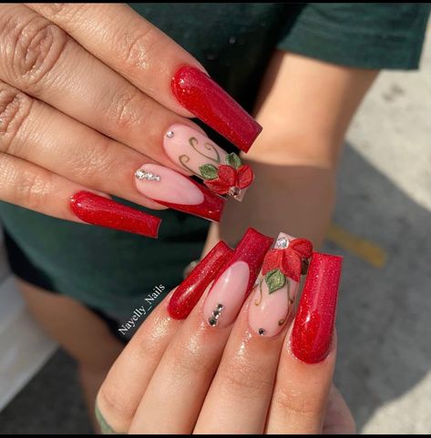 Christmas Nails With 3d Flowers, Christmas Nails Poinsettia, Pointsetta Nails, Mexican Nails, Red And White Nails, Quince Nails, 3d Flower Nails, Winter Nails Acrylic, Flower Nail Designs