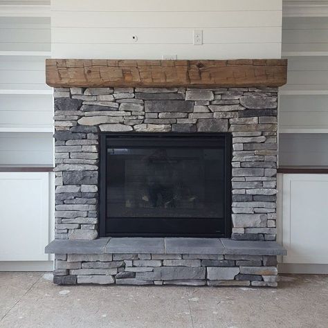 Gray Stacked Stone Fireplaces, Stone Face Fireplace, Clip Stone Fireplace, Types Of Fireplace Stone, Short Stone Fireplace, Light Gray Stone Fireplace, Grey Stone Fireplace With Wood Mantle, Fireplace Grey Stone, Grey Stacked Stone Fireplace