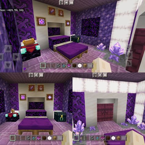 Minecraft Purple Room Ideas, Purple Room Minecraft, Purple Minecraft House, Minecraft Bed Ideas, Purple Minecraft, Minecraft Bedrooms, Minecraft Rooms, Kitchen Minecraft, Minecraft Bed