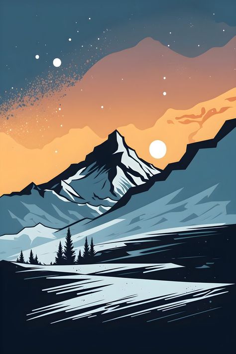 art made by ai Easy Landscape Paintings, Snow Trees, Nature Art Drawings, Concept Art Tutorial, Landscape Mountain, Posca Art, Sky Black, Nature Posters, Modern Art Paintings