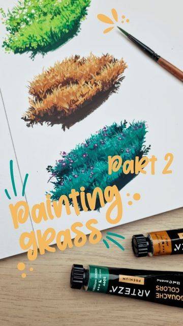 Gouache Grass Painting, How To Paint Grass Gouache, Step By Step Gouache Painting, Gouache Practice Exercises, Abstract Gouache Painting, Gouache Foliage, Acrylic Gouache Paintings, Grass Painting Tutorial, Grass Gouache