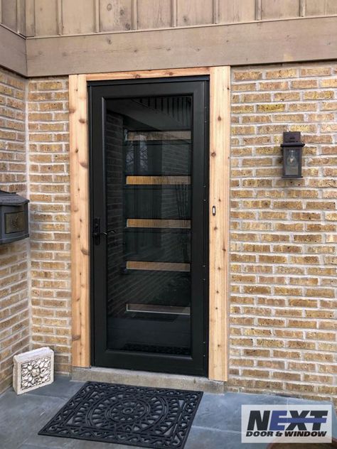 Modern Back Door Ideas Exterior, Modern Front Door With Storm Door, Modern Storm Door With Screen, Modern Steel Front Door, Storm Door Ideas, Modern Storm Door, Front Door With Storm Door, Modern Screen Door, Impact Front Door