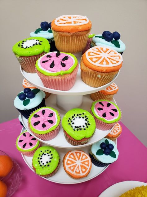 Tutti Frutti Cupcake Ideas, Tutie Fruity Birthday Party, Twotti Fruity Birthday Cupcakes, Twotti Fruity Cupcakes, Twoti Fruiti Birthday Cake, Fruit Themed Cupcakes, Twotii Fruitii, Twotti Fruitti, Fruity Cupcakes