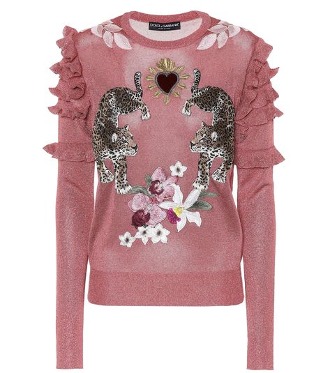 French Winter Style, Dolce Gabbana Sweater, Red Jumper, Pink Jumper, Applique Top, Metallic Sweater, Upcycled Fashion, Red Sweater, Pretty Style