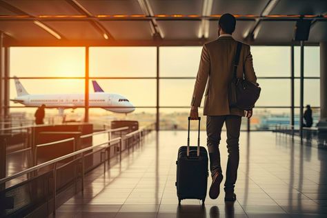 Back view of businessman walking with suitcase in airport terminal. Travel concept, Close up of a man walking with luggage in airport. Travel concept, AI Generated Suitcase In Airport, Travel Photography Airport, Airport Check In, Airplane Photos, Background Reference, In Airport, Airport Terminal, Airplane Photography, Airports Terminal