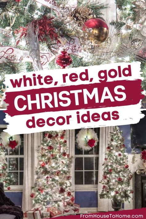 Gold Christmas Home Decor, White And Green Christmas Tree, Gold Christmas Decor, Feather Garland, Red Gold Christmas, Christmas Home Decor Ideas, Red And Gold Christmas Tree, Silver Christmas Decorations, Small Christmas Gifts