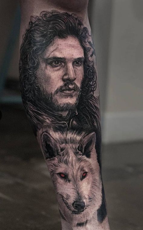 Game Of Thrones Tattoo Jon Snow, Game Of Thrones Wolf Tattoo, Game Of Thrones Tattoo Sleeve, Jon Snow Tattoo, Game Of Thrones Wolves, Quad Tattoo, Sarah Tattoo, Cartoon Tattoo Ideas, Snow Tattoo