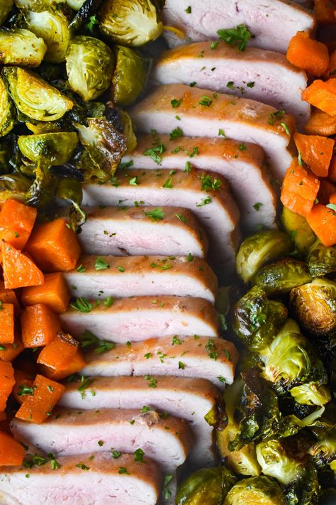 Sheet Pan Pork Loin Sheet Pan Pork Loin And Potatoes, Pork Loin Sheet Pan Dinner, Juicy Pork Loin, Sheet Pan Pork, Dance Around The Kitchen, Loin Recipes, Sprouting Sweet Potatoes, Crispy Brussels Sprouts, Lasagna Casserole