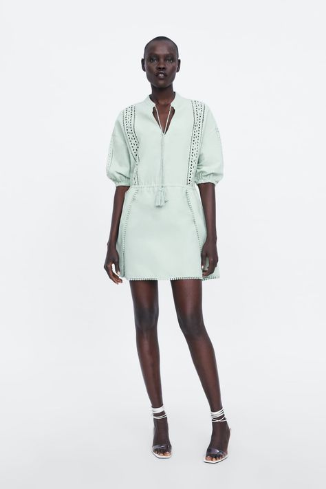 DRAWSTRING DRESS WITH LACE INSERTS - View all-DRESSES-WOMAN-NEW COLLECTION | ZARA United States Basic Mini Dress, Zara Store, Romantic Blouses, Chicken Shirts, Lace Trim Dress, Drawstring Dresses, Mini Robes, Zara Dress, Lace Insert