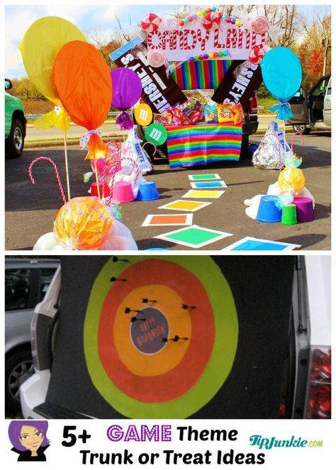 Trunk or Treat Halloween Car Decorations and Party games. Trunk Or Treat Halloween, Halloween Theme Preschool, Halloween Car Decorations, Trunk Or Treat Ideas, Candyland Party, Car Decorations, Candy Land Christmas Decorations Outdoor, Candy Land Theme, Fun Fair