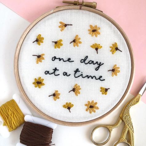 Mental Health Embroidery, Quote Embroidery, Self Care Quote, Table Arrangements Wedding, Thread & Yarn, Wall Decor Quotes, Embroidery Gifts, Wooden Hoop, One Day At A Time