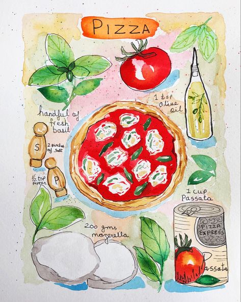 Recipe illustration Vintage Recipe Poster, Watercolor Recipe Book, Food Illustration Recipe, Illustrated Recipes Drawings, Watercolor Recipe Illustration, Food Doodle Art Illustrations, Cooking Illustration Art, Aesthetic Recipes Notes, Recipe Drawing Food Illustrations