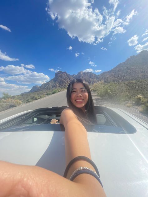 sunroof, summer fun, summer vibes, summer, windows down, sunny, mountain, red rocks, las vegas, nevada, exciting, trip ideas, photo ideas, cute, fun, car, drive, photoshoot, hot, smile Car Photoshoot Sunroof, Car Trip Photo Ideas, Sunroof Pics, Car Sunroof Picture Ideas, Road Trip Picture Ideas, Sunroof Picture Ideas, Car Sunroof Photoshoot, Roadtrip Aesthetic Car, Sunroof Photoshoot