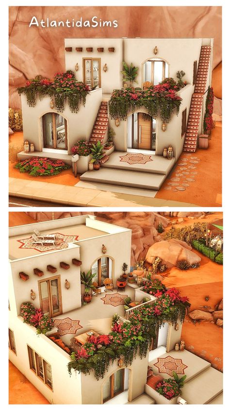 House built in Sims4 by AtlantidaSims #sims4house #sims4 #sims4oasissprings Follow me on IG for more content 🥰 Sims4 House, Lotes The Sims 4, Dessert House, Moroccan Houses, House Mediterranean, Die Sims 4, 70s House, Sims 4 House Plans, Sims 4 House Building