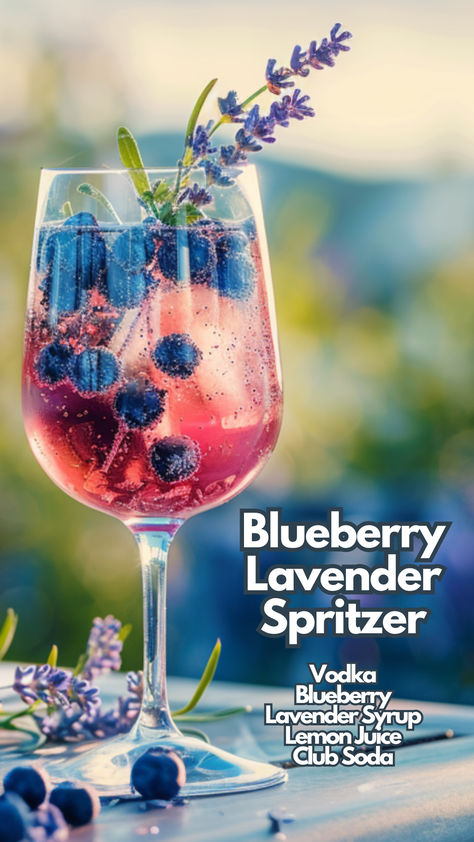 Crafting a Blueberry Lavender Spritzer is a delight. The blend of fresh blueberries and floral lavender creates a refreshing drink, perfect for warm days. Vodka adds a kick, while lemon juice brings a zesty balance. Club soda finishes it off with a bubbly touch. #blueberrylavenderspritzer via @mybartender Blueberry Cocktails, Spritzer Cocktails, Lavender Cocktails, Soda Cocktails, Spritz Cocktails, Blueberry Cocktail, Cocktail Cards, Unique Drinks, Juice Cocktails