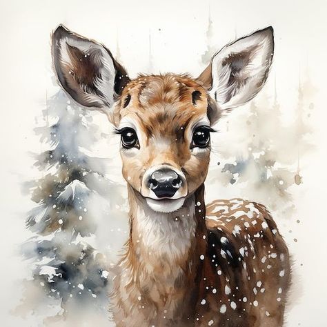 Paintings For Children's Rooms, Christmas Reindeer Watercolor, Winter Deer Painting, Deer Painting Acrylic, Christmas Watercolor Paintings, Christmas Reindeer Art, Christmas Art Painting, Baby Deer Art, Reindeer Drawing