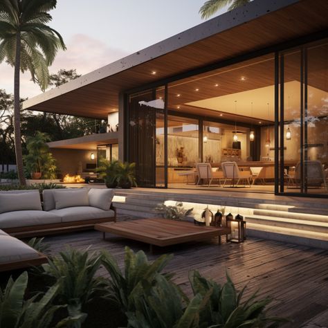 A modern house with wooden furniture inspired by nature, tropical landscapes and American tones 🏡 ... ... ... #ModernHouse #EleganceHome #EleganceInterior #NatureExterior #SweetHome #Dream #NatureInspired #OutdoorFurniture #TropicalLandscape #ModernDesign #AmericanTonalist #WoodFurniture Tropical Modern House, Tropical House Exterior, Furniture Inspired By Nature, Filipino Interior, Modern House Lighting, Filipino Interior Design, Tropical Landscapes, Modern Tropical House, Tropical House Design