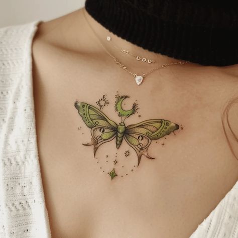 Luna Moth Tattoo Meaning & Symbolism | 90+ Design Ideas Green Luna Moth Tattoo, Luna Moth Chest Tattoo, Moth And Flower Tattoo, Luna Moth Tattoos, Chest Tattoo Designs Female, Moth Tattoo Meaning, Luna Moth Tattoo, Moth Tattoos, Tattoo Chart