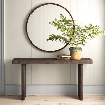 With a nod to the natural, the evangelin console table brings earthy appeal with its rustic style. Featuring richly finished pinewood and a solid-panel base design for fluidity, this console table brings idyllic, warming contrast with clean lines and a minimalist shape. Birch Lane™ Color: Brown Birch Lane™ Thompkins 60" Solid Wood Console Table - Console Tables in Brown | Size 30" H X 60" W X 15.75" D Console Table In Bathroom, Small Console Table Decor, Small Console Table Entryway, Small Console Table, Reclaimed Wood Console Table, Rustic Console Tables, Entrance Table, Foyer Table, Entry Tables