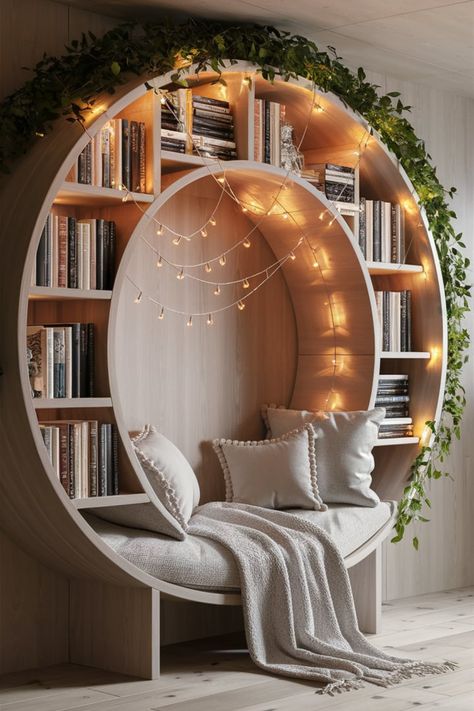 A magical reading nook set within a circular wooden alcove. With greenery accents, cascading fairy lights, and a neutral-toned background, it’s a serene and stylish retreat for book enthusiasts. #ReadingNook #CozyCorners #ModernMinimalism #BookshelfDesign #FairyLights #HomeLibrary #WhimsicalSpaces #InteriorInspiration #RusticModern #GreeneryDecor Library Aesthetic Home Decor, Reading Room Inspiration, Arched Reading Nook, Circle Bookshelf, Cozy Home Library Reading Space, Personal Library Ideas, Living Room Nook Ideas, Round Bookcase, Spinning Bookshelf