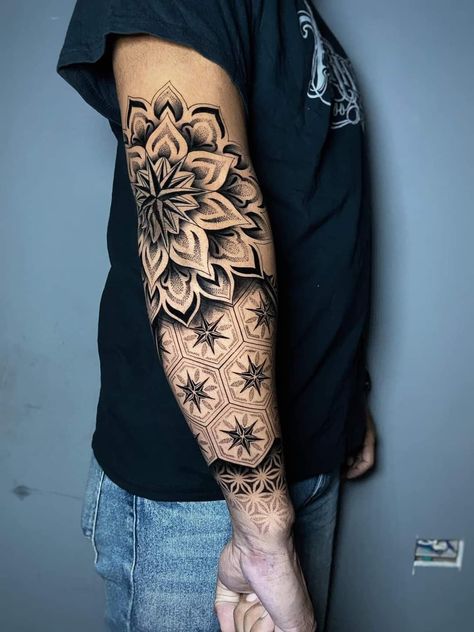 Geometric Tattoo Elbow, Mandala Elbow Tattoo, Straight Line Tattoo, Geometric Tattoo Hand, Tiger Tattoo Sleeve, Arm Sleeve Tattoos For Women, Geometric Mandala Tattoo, Dragon Tattoo For Women, Full Arm Tattoos