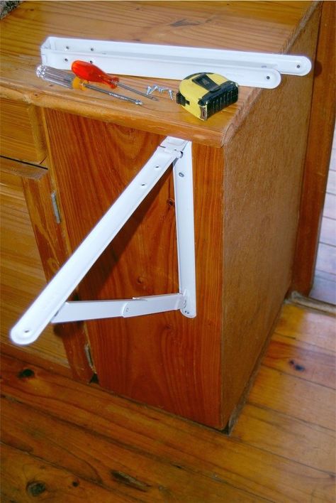 DIY Fold-Down Counter Extension for Your Tiny Kitchen Drop Leaf Countertop Extension, Extended Countertop Kitchen, Counter Extension, Folding Shelf Bracket, Wooden Kitchen Cabinets, Kitchen Counter Organization, Garage Conversion, Rv Decor, Beautiful Kitchen