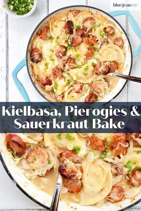 What To Eat With Pierogies, Kielbasa Pierogies, Pierogies And Kielbasa, European Meals, Homemade Pierogies, Eastern European Food, Sauerkraut Meals, Frozen Pierogies, Blue Jean Chef