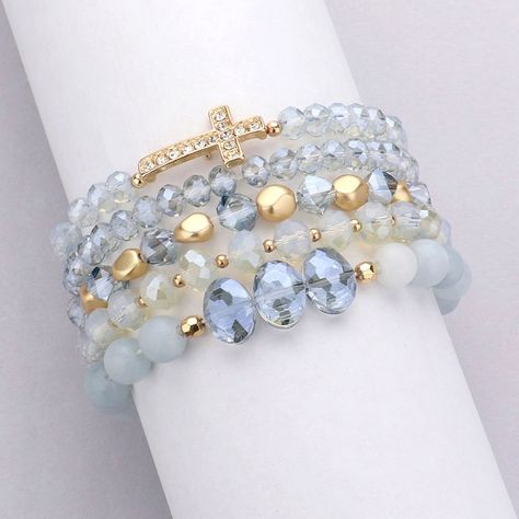 Multi Strand Paved Stone Faceted Beaded Adjustable Five Piece Layered Stack Style Fashion Jewelry Stretch Bracelets Size: 1.25" H Color: Light Blue Theme: Religious , Cross L 4894 B Astros Bracelet Stack, Christian Beaded Bracelets, Beaded Bracelets With Charms, Bead Wrapping, Light Blue Theme, Crystal Bracelets Diy, Stretch Beaded Bracelets Diy, Stackable Beaded Bracelets, Metal Bead Bracelet