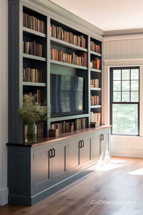 25 Great Built-In Bookshelves That Look Amazing Building Library Bookshelves, In Built Bookshelves, Diy Library Built Ins, Bookcase With Tv Built In, Bookshelves With Storage Below, French Doors Living Room Interior Design, Oversized Bookshelves, Built In Shelves Storage, Built In Shelves Bonus Room