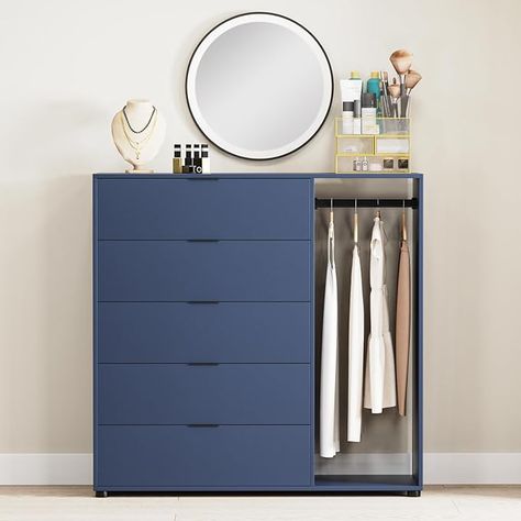 Amazon.com: Vrullu 5 Drawer Dresser with Hanging Area, Wood Dressers & chests of Drawers with Black Handles, Modern Storage Drawers for Bedroom, Closet, Locker Room : Home & Kitchen Walmart Diy, Wood Dressers, Closet Hallway, Wire Closet Shelving, Bedroom Storage Chest, Black Knobs, Drawers For Bedroom, Entryway Closet, Drawer Wood