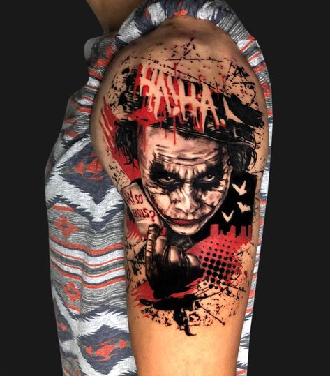 Trash Polka Sleeve, Man Tattoos, Tattoo Trash, Joker Tattoo Design, Polka Tattoo, Disney Horror, Trash Polka Tattoo, Daruma Doll, Joker Tattoo