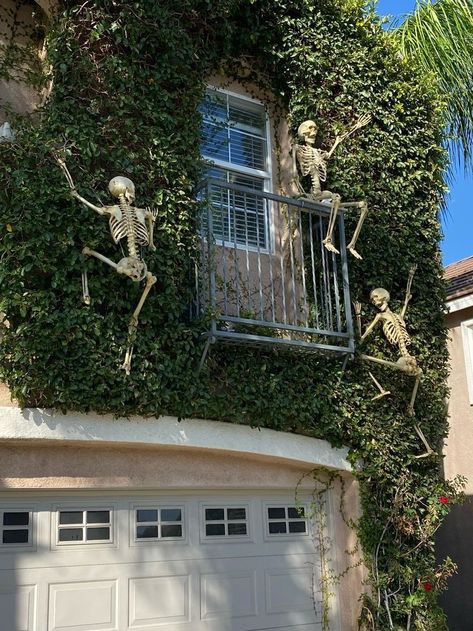 Scary House Decorations Outside, Skeletons Climbing On House, Spooky Halloween Decorations Outdoor, Skeleton Decor Ideas, Outside Halloween Decor, Halloween Backyard, Skeleton House, Halloween Outdoors, California Fall